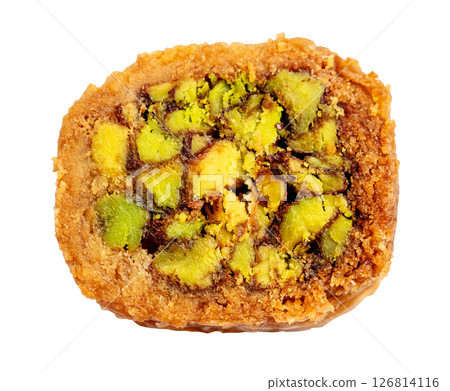 top view of mabrume baklava with pistachio cutout 126814116