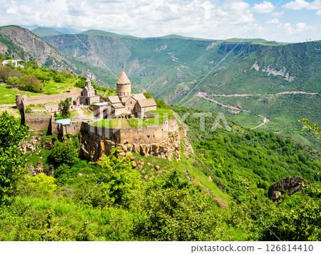 above view of Tatev Monastery over green gorge 126814410