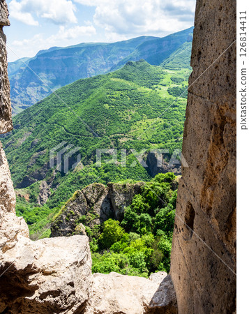 view of green mountains from Tatev Monastery wall 126814411