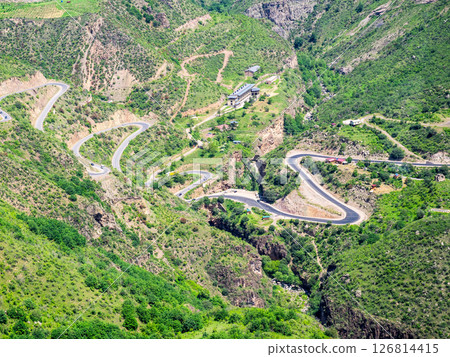 above view of road in Vorotan River Gorge in May above view of road in Vorotan River Gorge in May 126814415