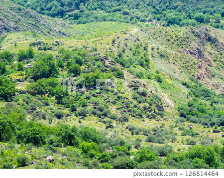 aerial view of old ruins of village in mountains aerial view of old ruins of village in mountains 126814464