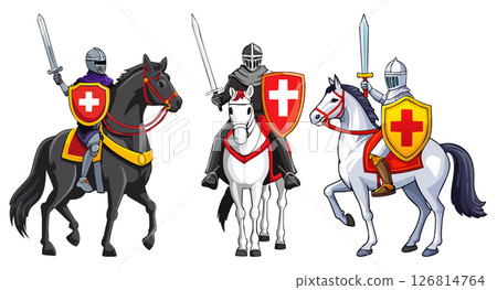 Knight on Horseback with Sword and Shield, Horseman with sword, Medieval armored swordsman on horseback, medieval knights wearing armor, helmet, sword in hand riding horse in protective suit, set 126814764