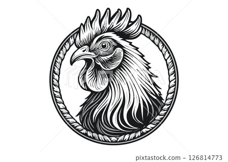 Black and white rooster, cute farm animal, agricultural bird or poultry, cock 126814773