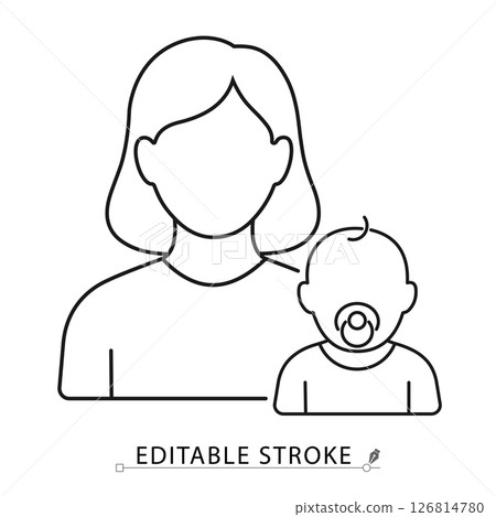 Mother and baby icon in minimal black outline style on white background. Editable stroke vector for parenting, infant care, motherhood, family love or childcare topics. Concept: parent care. 126814780