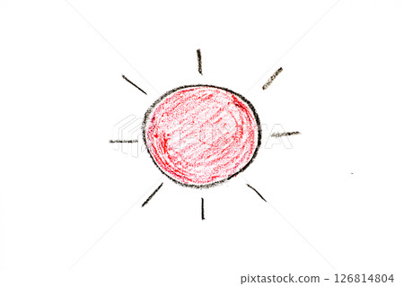 Color oil pastel hand drawing in sun with ray shape on white paper background 126814804