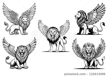 Lion with wings, Winged Lion Mythical Creature, Illustration of sitting lion with wing, black and white set 126814896