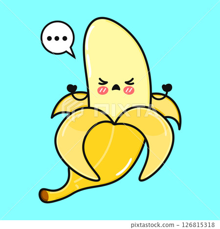 A sad, cartoon Banana, peeled and ready to be eaten, against a bright, solid blue backdrop. 126815318