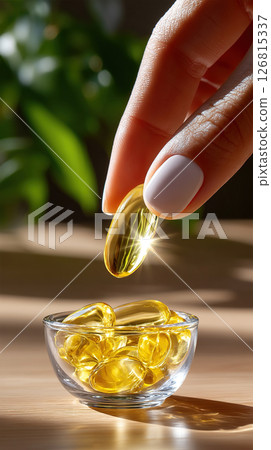 A hand holding an omega-3 capsule above a small glass bowl with many pills, wellness concept. 126815337