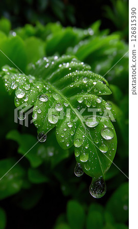 Close-up photograph showcases water droplets on a vibrant green leaf, creating a fresh view. 126815390