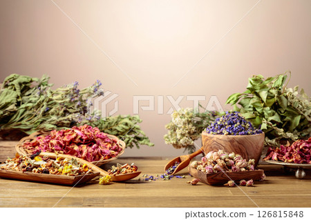 Herbal tea mix and various dried medicinal plants. 126815848