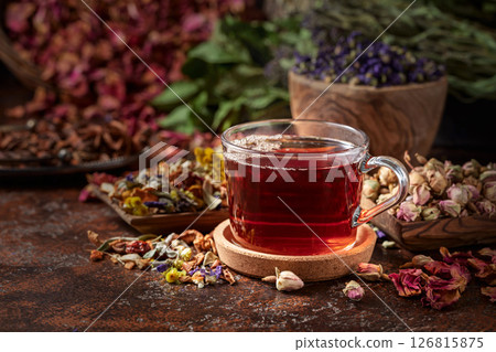 Herbal tea and a mix of various dried medicinal plants and herbs. Herbal tea and a mix of various dried medicinal plants and herbs. 126815875