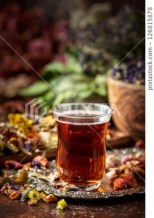 Herbal tea and a mix of various dried medicinal plants and herbs. 126815878