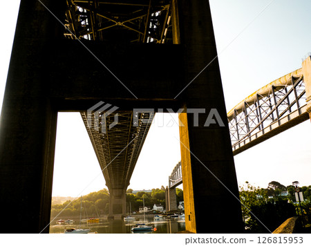 Bridges over the Tamar (Cornwall to Devon, UK), Different views from underneath the two bridges over the Tamar from the Saltash, Cornwall side. Taken in the early morning. 126815953