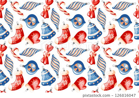 Christmas tree decoration seamless pattern in cartoon style. New Year celebration retro design with mitten, sock, bell, candy cane on a white background. Christmas tree decoration seamless pattern in cartoon style. New Year celebration retro design with mitten, sock, bell, candy cane on a white background. 126816047