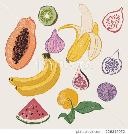 Vector fruit doodle illustration of juicy tropical fruits and leaves. Hand-drawn garden harvest sketch. Organic farm graphics. Tasty food for design, veggie market drawing print, fabric or background. Vector fruit doodle illustration of juicy tropical fruits and leaves. Hand-drawn garden harvest sketch. Organic farm graphics. Tasty food for design, veggie market drawing print, fabric or background. 126816052