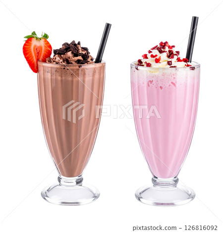 Chocolate and Strawberry Milkshakes in Tall Glasses with Toppings 126816092