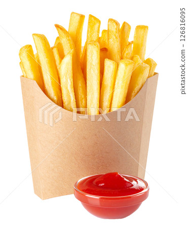 Classic French Fries in Takeout Box with Ketchup Dip 126816095