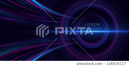 Abstract futuristic blue and pink curve light ray on dark blue background. Hi speed motion moving concept. 126816117