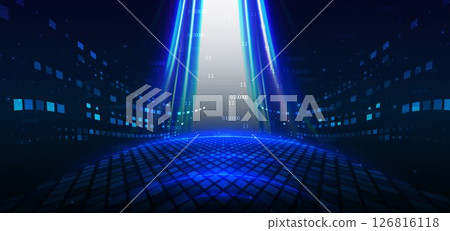 Technology futuristic glowing lines neon blue light ray on dark blue background with square pattern digital element. Technology futuristic glowing lines neon blue light ray on dark blue background with square pattern digital element. 126816118