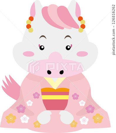 Year of the Horse, 2026 | New Year's illustration of a girl sitting upright in a floral kimono 126816262