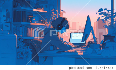 動漫風格的插圖,一個戴著耳機的女孩坐在摩天大樓的窗邊,俯瞰著夜城,全神貫注地工作 動漫風格的插圖,一個戴著耳機的女孩坐在摩天大樓的窗邊,俯瞰著夜城,全神貫注地工作 126816383
