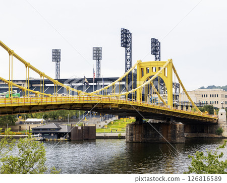 Yellow Bridge Connects Two Banks Near Pittsburgh Pirates Sports Stadium 126816589