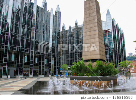 Modern Urban Plaza With Reflective Architecture and a Fountain in Pittsburgh 126816593