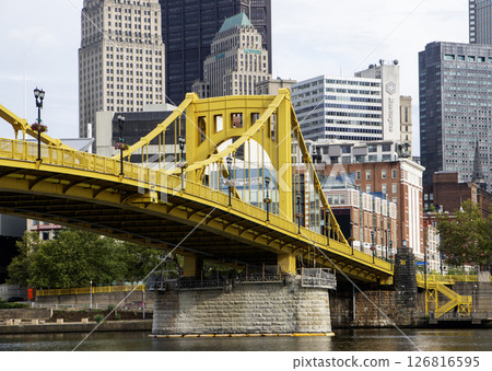 Yellow Bridge Connects City Areas With Stunning Skyline View in Pittsburgh 126816595