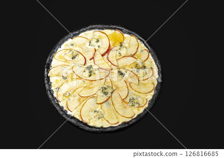 Pizza from black dough with cuttlefish ink pear blue cheese and honey. Pizza from black dough with cuttlefish ink pear blue cheese and honey. 126816685