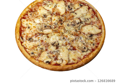 Pizza with chicken and olives cheese and mushrooms round shape on a wooden board 126816689