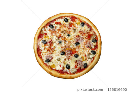 Pizza with chicken and olives cheese and mushrooms round shape on a wooden board Pizza with chicken and olives cheese and mushrooms round shape on a wooden board 126816690