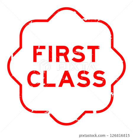 Grunge red first class word rubber seal stamp on white background 126816815