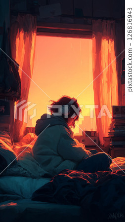 An anime-style illustration of a girl wearing headphones and concentrating on her work in a quiet room at dusk, and a sleeping cat 126816943