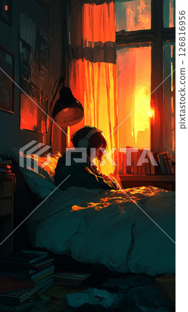 An anime-style illustration of a girl wearing headphones and concentrating on her work in a quiet room at dusk, and a sleeping cat 126816956