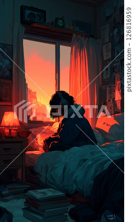 An anime-style illustration of a girl wearing headphones and concentrating on her work in a quiet room at dusk, and a sleeping cat 126816959
