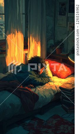 一幅動漫風格的插圖，描繪了黃昏時分，一個戴著耳機在安靜的房間裡專心工作的女孩和一隻熟睡的貓 126816962