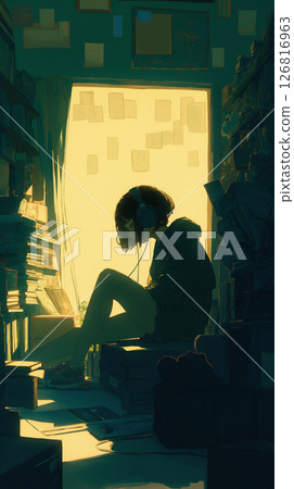 一幅動漫風格的插圖，描繪了黃昏時分，一個戴著耳機在安靜的房間裡專心工作的女孩和一隻熟睡的貓 126816963