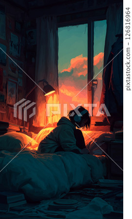 一幅動漫風格的插圖，描繪了黃昏時分，一個戴著耳機在安靜的房間裡專心工作的女孩和一隻熟睡的貓 126816964