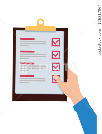 Hand holding and completing checklist on clipboard Hand holding and completing checklist on clipboard 126817064