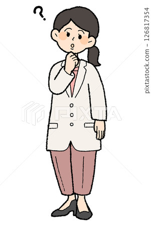 手繪風格女醫生穿著白大褂，帶有問號，褲子風格 126817354