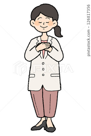 手繪風格：身穿白大褂、雙手放在胸前、褲子風格的女醫生 126817356