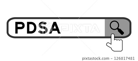Search banner in word PDSA (Abbreviation of plan do study act) with hand over magnifier icon on white background 126817481