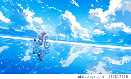A fantasy scene of a girl riding a bicycle over the sea with a blue summer sky and white clouds. A clear sky journey and refreshing youth. 126817516