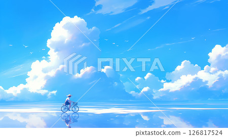 A scene of a girl running freely in a mirror-like world where clouds are reflected | Beautiful anime-style symmetry of the sky and water reflecting emotions A scene of a girl running freely in a mirror-like world where clouds are reflected | Beautiful anime-style symmetry of the sky and water reflecting emotions 126817524