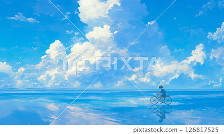 A scene of a girl running freely in a mirror-like world where clouds are reflected | Beautiful anime-style symmetry of the sky and water reflecting emotions A scene of a girl running freely in a mirror-like world where clouds are reflected | Beautiful anime-style symmetry of the sky and water reflecting emotions 126817525