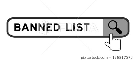 Search banner in word banned list with hand over magnifier icon on white background Search banner in word banned list with hand over magnifier icon on white background 126817573