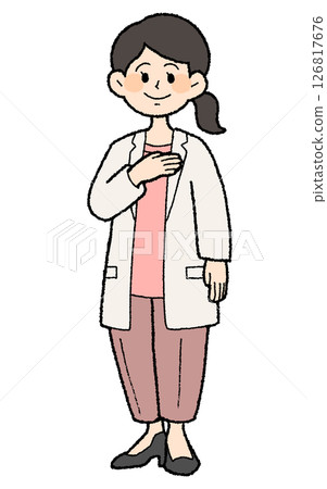 手繪風格：女醫生身穿敞開的白大褂，雙手放在胸前，褲子風格 126817676