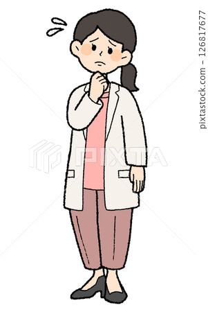 手繪風格：困惑的女醫生，身穿白大褂，前襟敞開，褲子風格 126817677