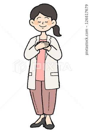 Hand-drawn style: Female doctor in open white coat with hands on chest, pants style 126817679