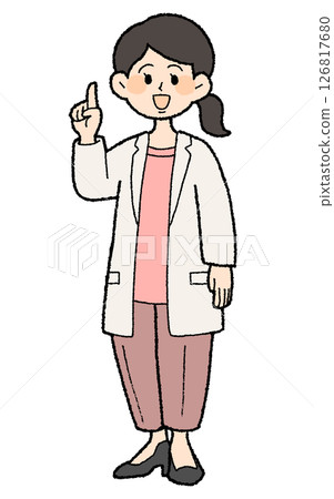 手繪風格：女醫生穿著敞開的白大褂，食指豎起，褲子風格 126817680